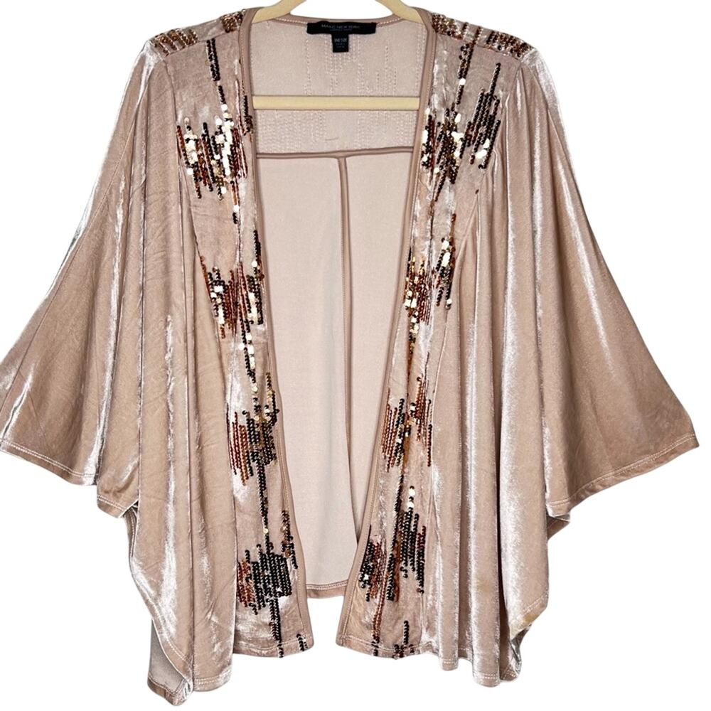 Andrew Marc Velvet Cardigan Dolman Sleeve Kimono OS One Size Sequined Rose Gold